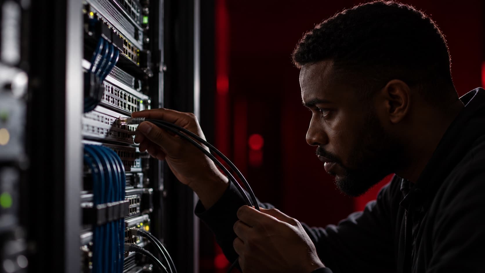 An engineer connecting a cable to a switch in a rack
