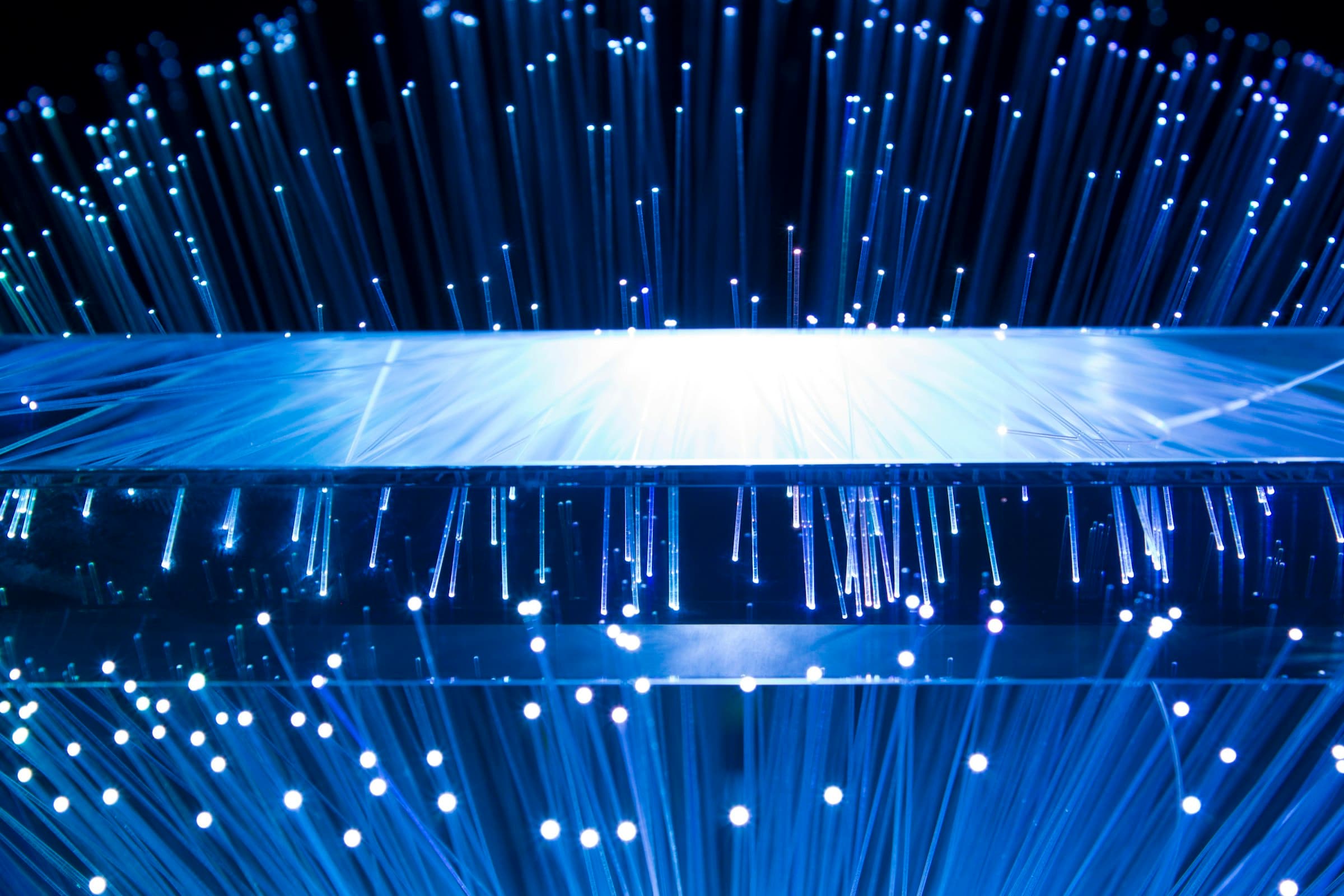 Strands of fibre-optic cable carrying blue light