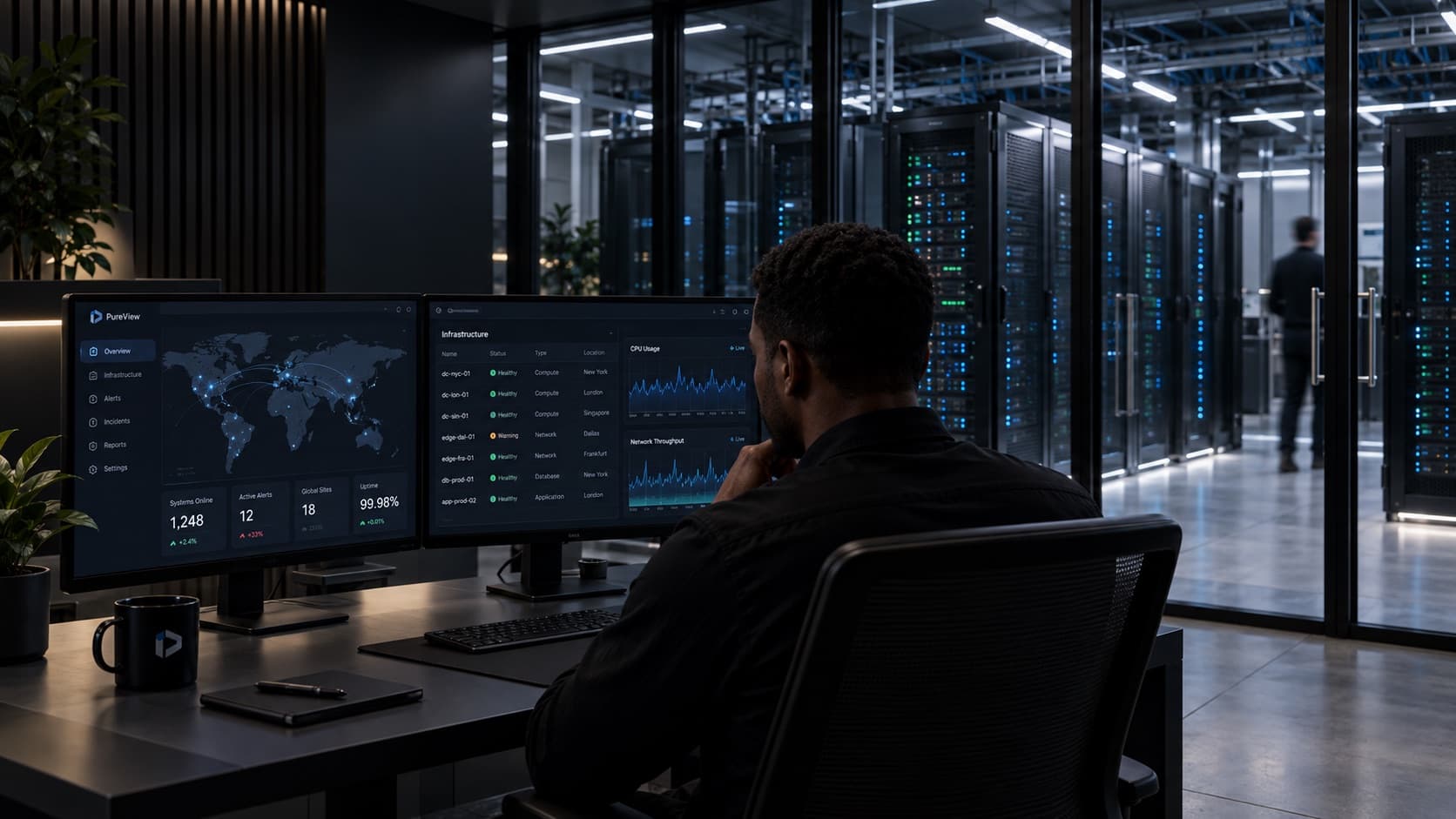 An engineer at a monitoring desk beside a glass wall onto the server room