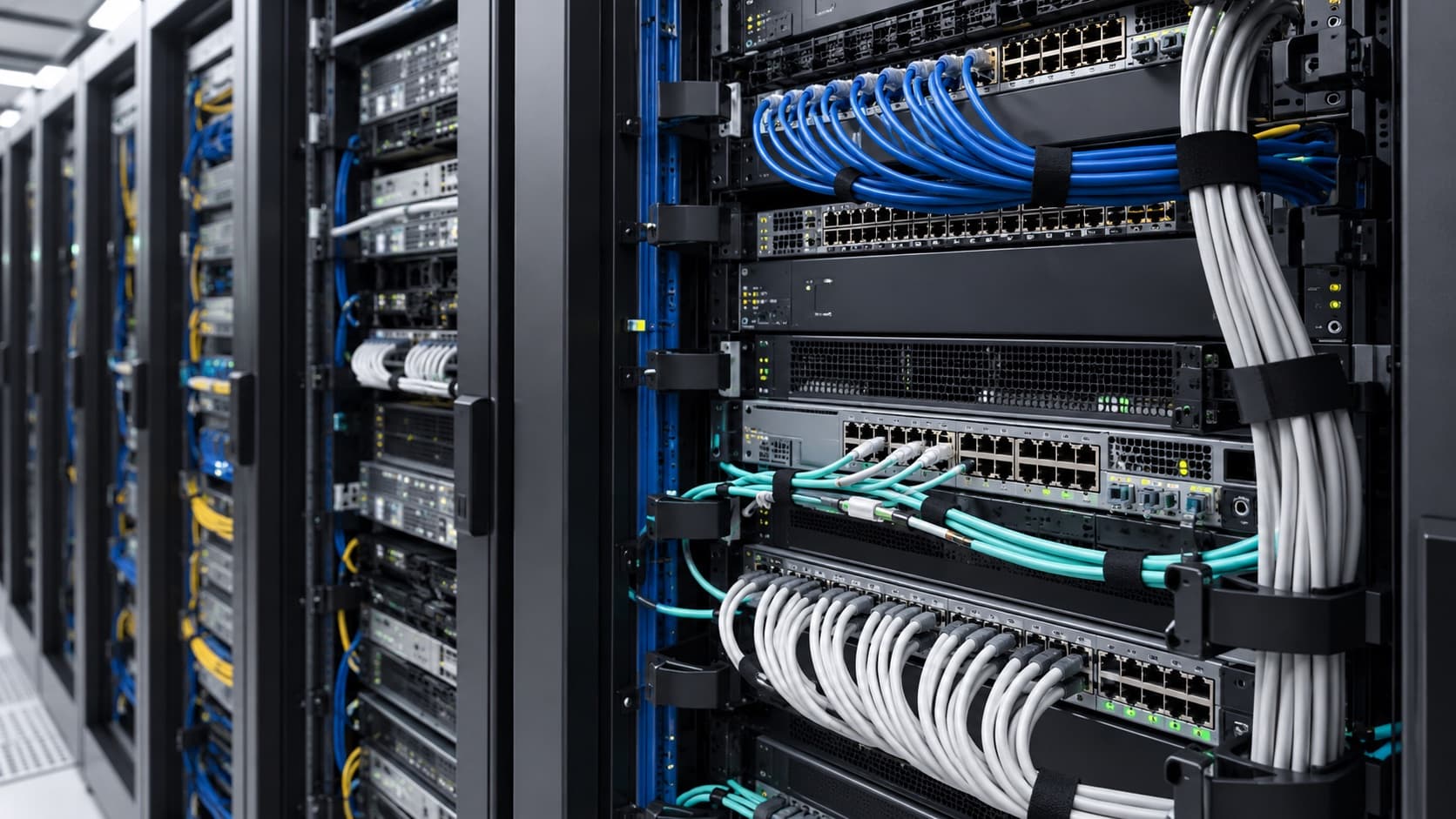 Network switches in a rack with patch cables bundled and tied