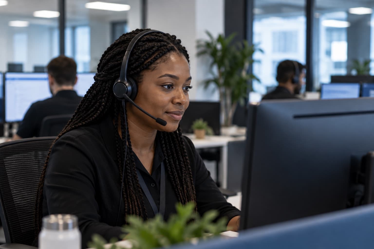 A support engineer with a headset working at her desk